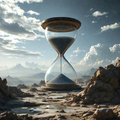 The primary subject of the image is a large, ornate clock tower. The clock is situated on top of a rocky surface, which serves as the setting for the scene. The visual style of the image is digital art, giving it a unique and intricate appearance. The dominant colors in the image are earth tones, such as brown and beige, which create a natural and rugged atmosphere.
